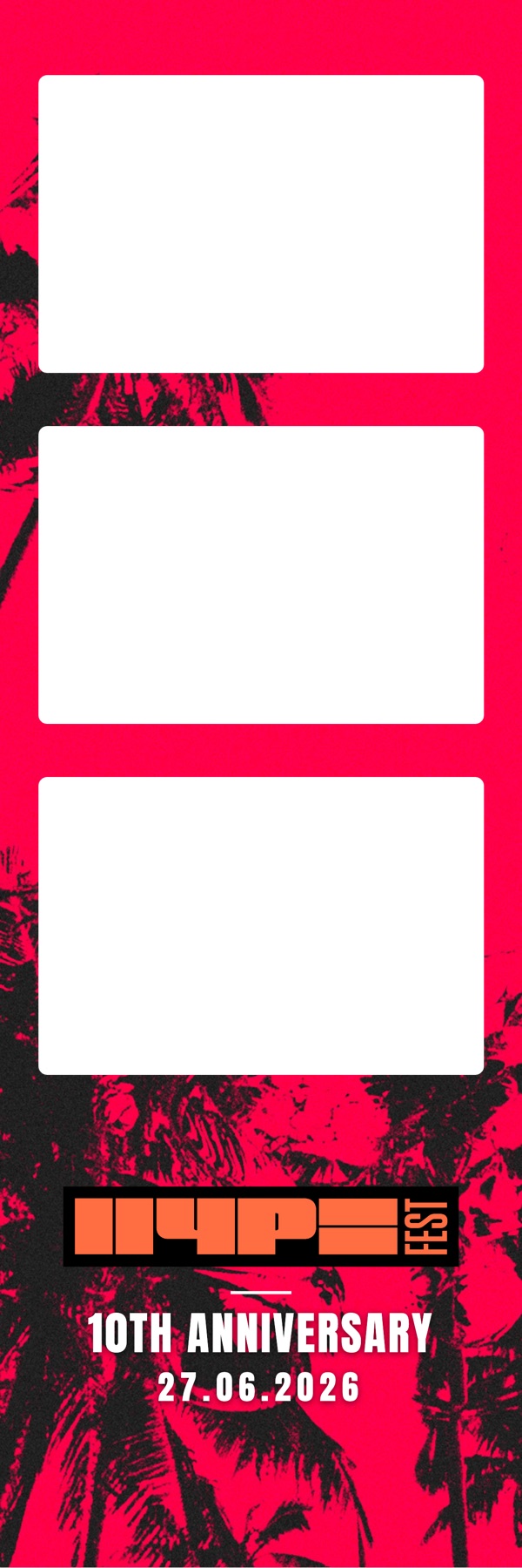 strip hype fest: felroze over een zwart palmsilhouet met het oranje blokletterlogo van hype fest